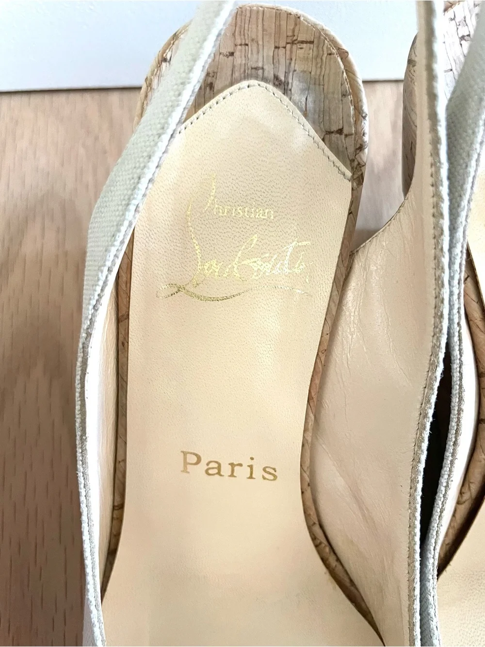 Christian Louboutin Bebe-Fusee Sculptural Canvas Cork Wedge Slingbacks 37